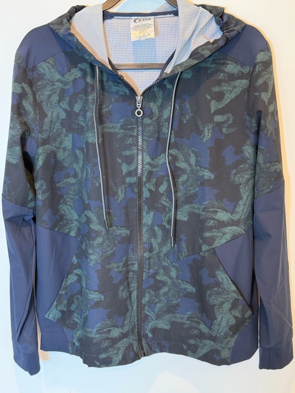 ZYIA Navy and Dark Green Printed Hooded Zip Jacket